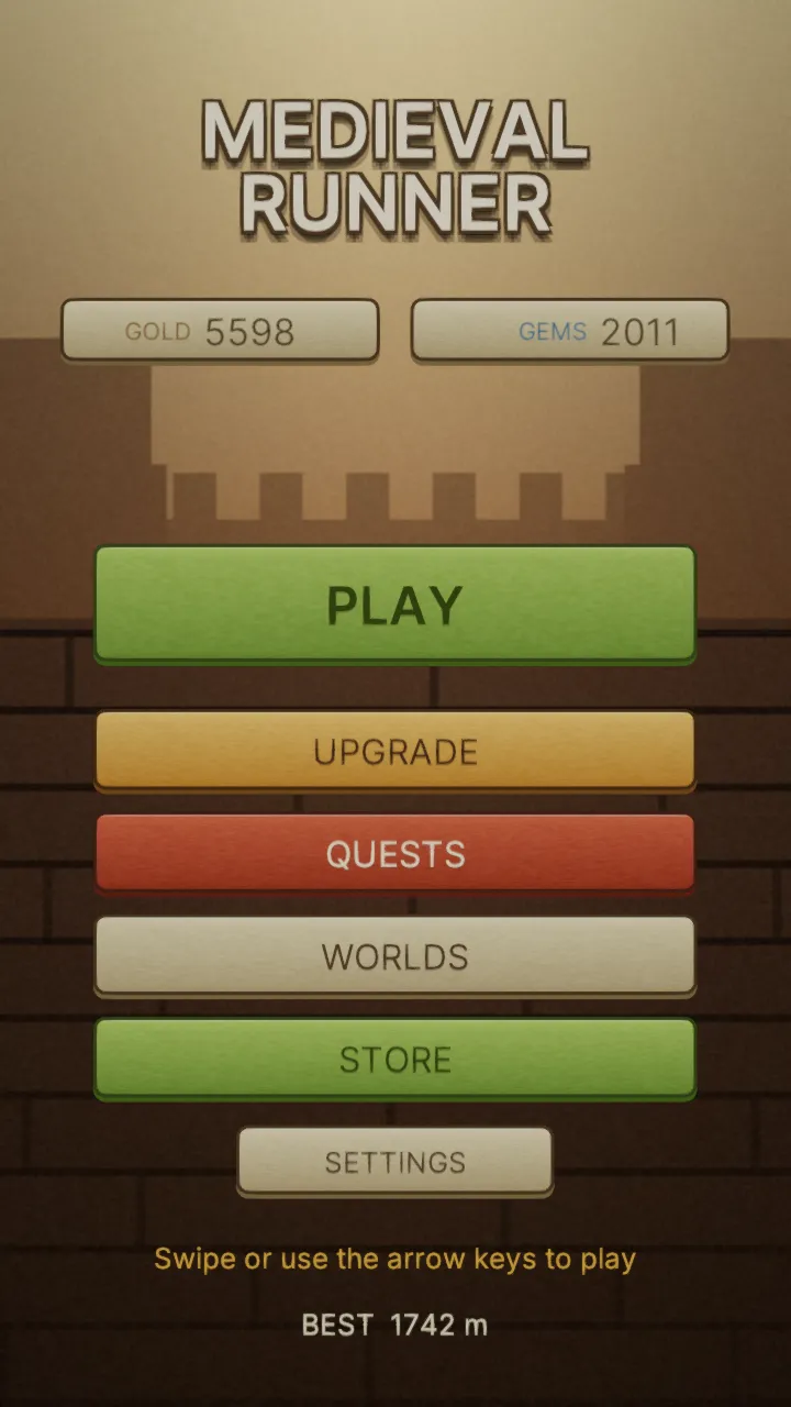 Main menu showing Play, Upgrade, Worlds, Shop and Quests