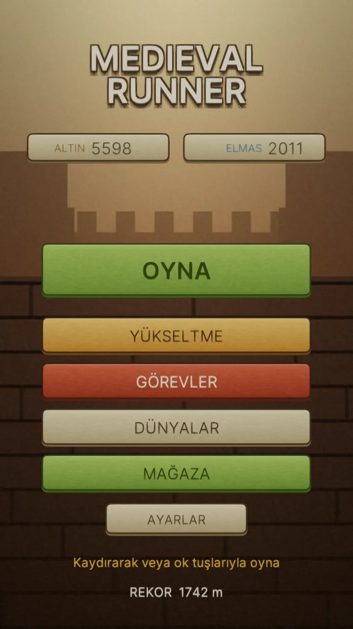 Oyna, Yükselt, Dünyalar, Mağaza ve Görevler seçeneklerini gösteren ana menü