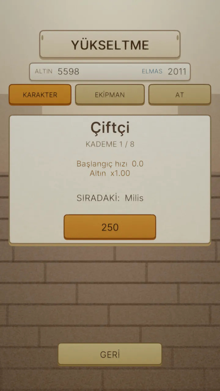 Character rank upgrade screen with eight medieval tiers